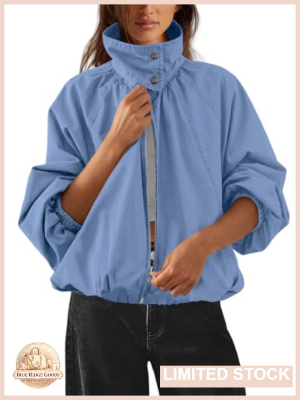 Women 100% Cotton Funnel Neck Bomber Jacket Zip Up Casual Fall Coat